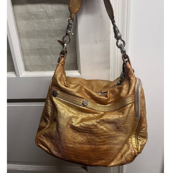 Pollini Gold Snakeskin Pattern Leather Bag - Shoulder Bag, Silver Hardwear - Picture 2 of 16